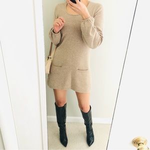 Michael Stars beige color A line 💯 cashmere long puff sleeves dress w pockets